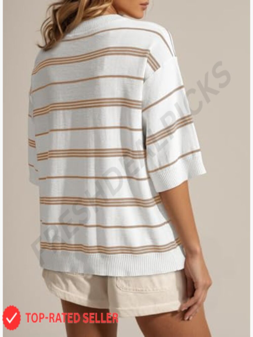 Oversized Striped 3/4 Sleeve Sweater Lightweight Knit Crewneck Pullover Top - Picture 2 of 7